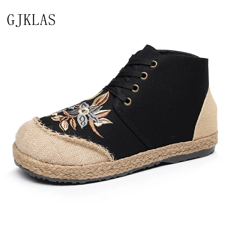 

Embroider Linen Soles High Tops Shoes for Women 2021 Platform Sneakers Flats Fashion Light-weight Casuales Autumn Boots Women
