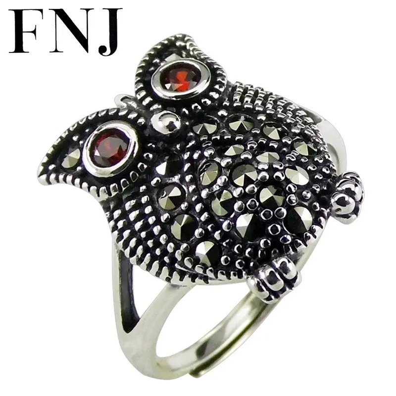 

FNJ 925 Silver Ring Animal Owl Red Zircon New Fashion Original S925 Sterling Silver Rings for Women Jewelry Adjustable Size