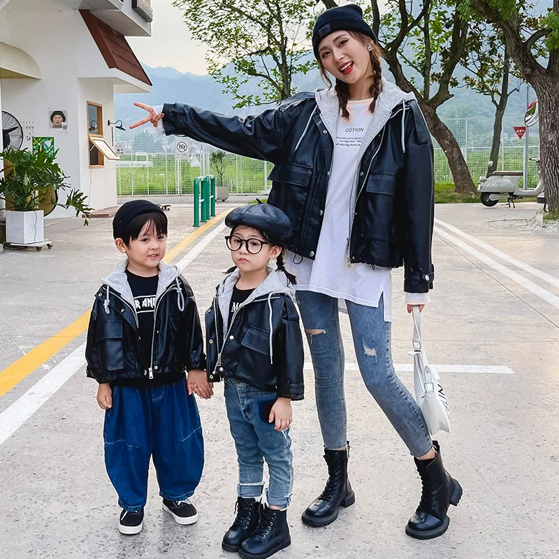 Fashion Patchwork Jacket for Mum and Me Family Matching Clothing Dad and Son Leather Hoodie Coat Cute Girls Boy Outerwear Autumn enlarge