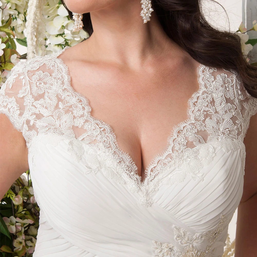 

Modest Plus Size Sweep Train Chiffon Wedding Dress Sexy V-neck Cap Sleeve Wedding Gowns Vestido de Novia with Pleats