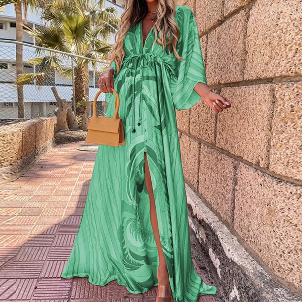 

Elegant Gorgeous Printing Dress Plus SizeWomen Casual Elastic Waist Long Party Dress 2021 Summer Loose Slit Beach Dress