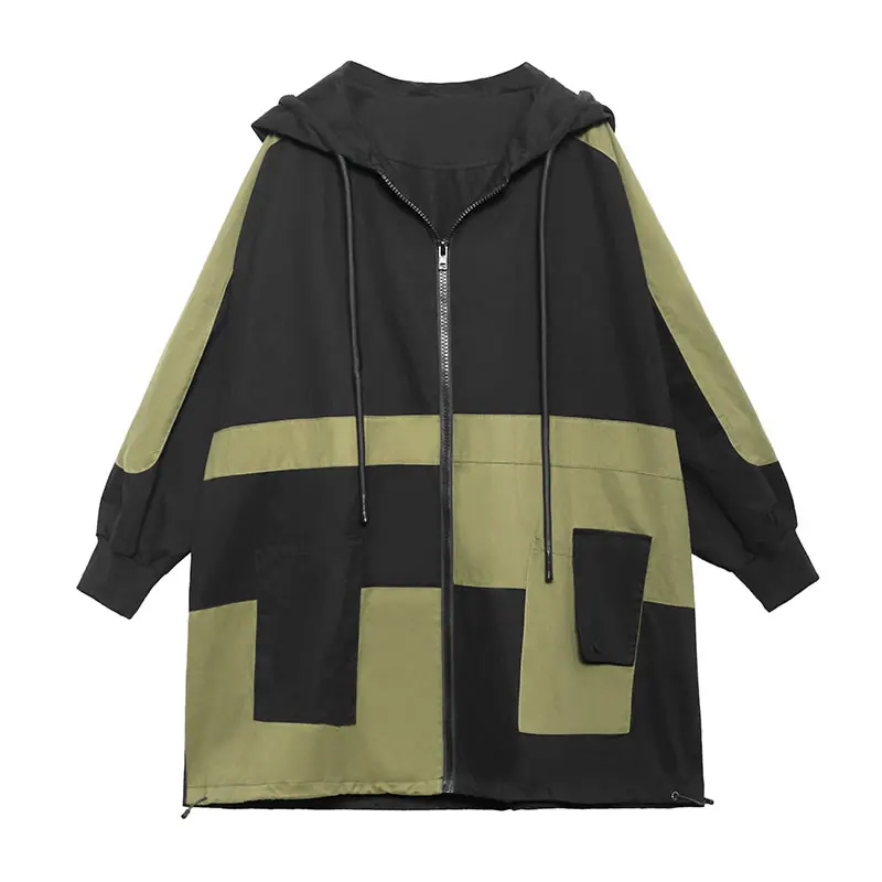 

XITAO Patchwork Hit Color Pocket Trench Women Clothes 2021 Spring New Fashion Loose Hooded Collar Casual Personality Coat ZY5881