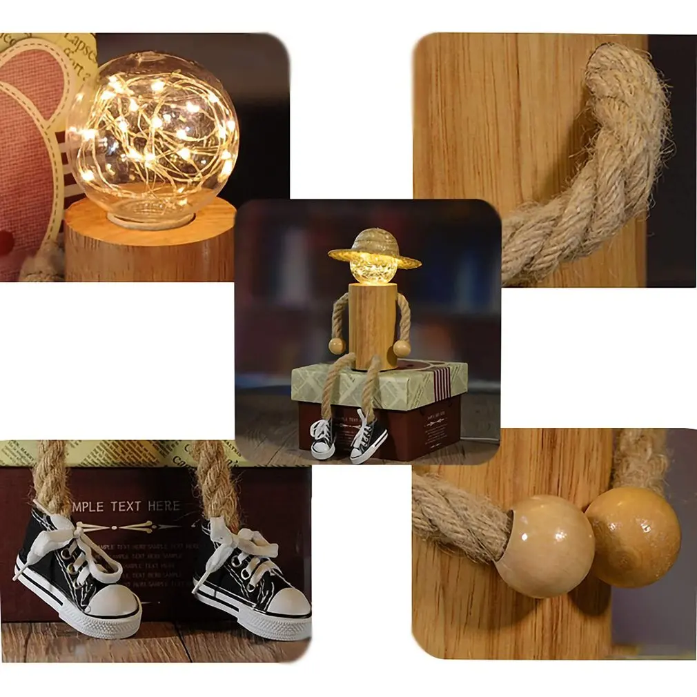 

Creativity LED Night Light Wear A Straw Hat Wooden Doll Table Lamp Bedroom Office Cafe Home Lighting Decoration