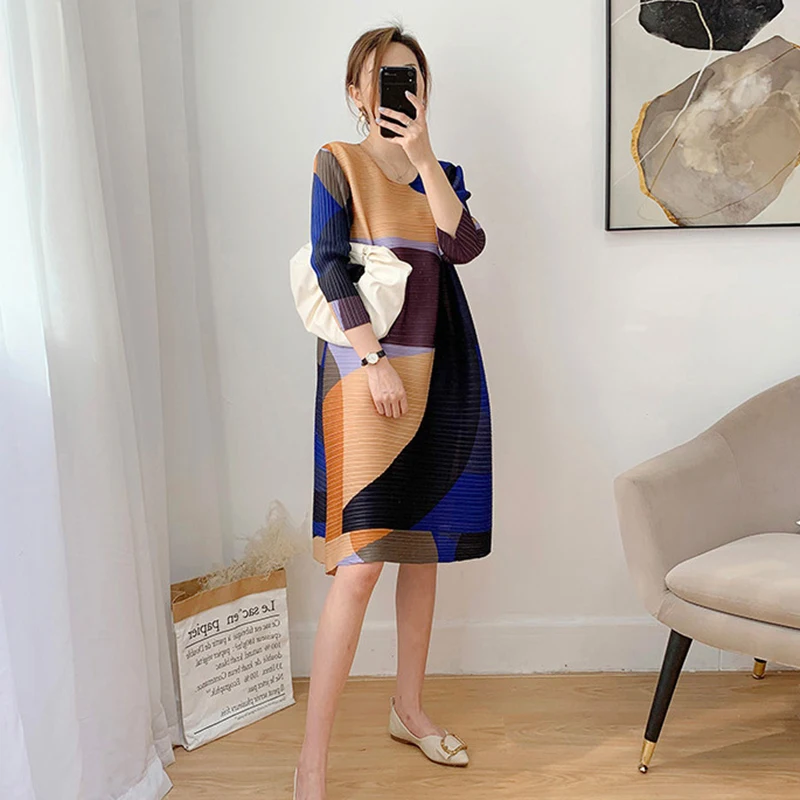 

CHICEVER Casual Patchwork Dress For Women O Neck Three Quarter Sleeve Knee Length Loose Dresses Female Fashion Clothing 2021 New