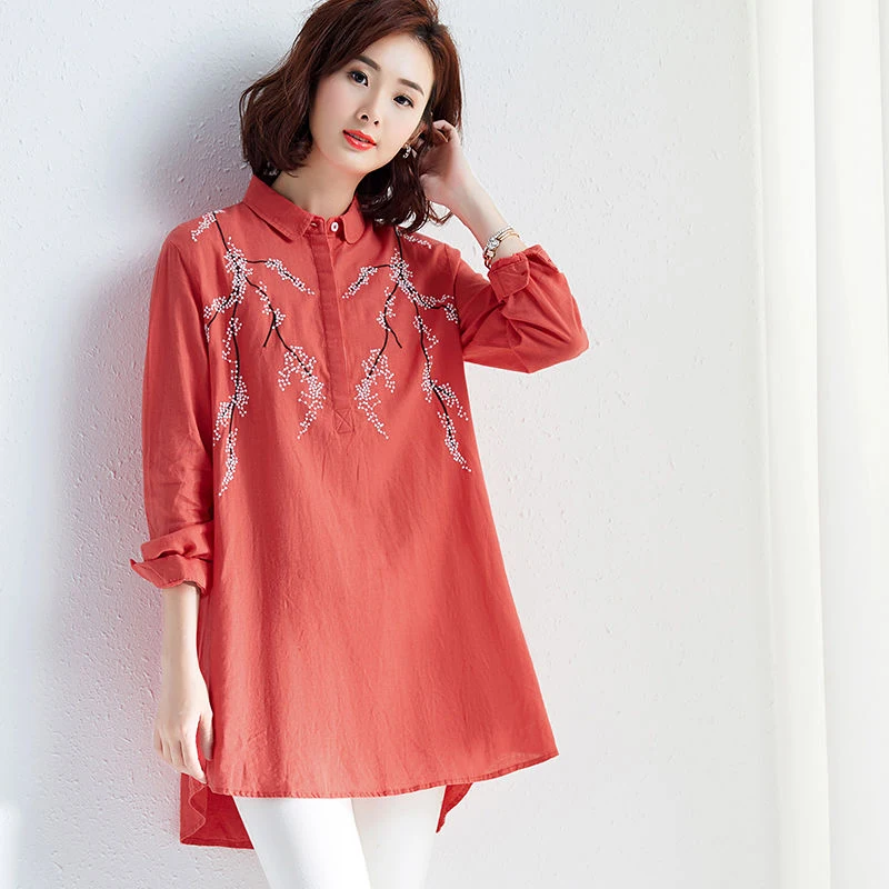 Женская хлопковая блузка свободная рубашка с длинным рукавом и отложным