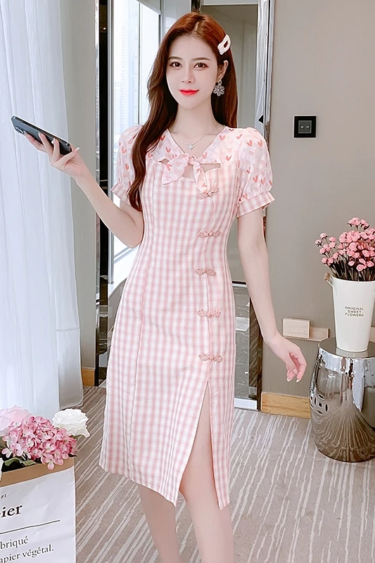

COIGARSAM Cheongsam Floral Print Women dress New Plaid Dresses 3715