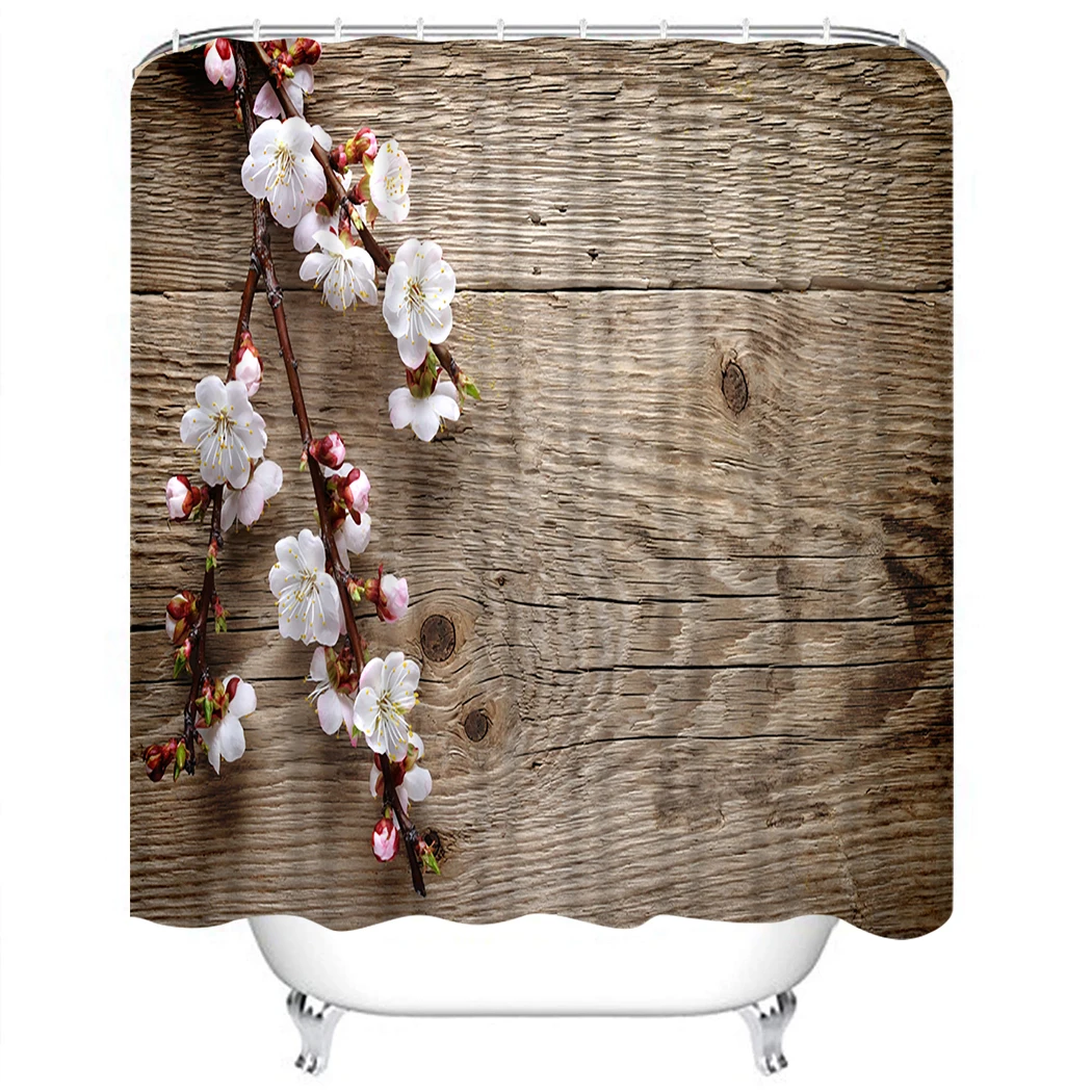 

Spring Blossom Wood Shower Curtain Wood Flower Bathroom Shower Curtain With Hook Petal Plank Waterproof Bathroom Shower Curtain