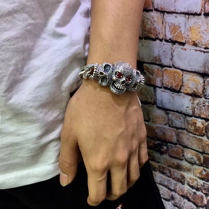 

925 Sterling Silver Jewelry Men Women Inlaid natural stone Punk Skull Charm Chain Bracelet Bangle