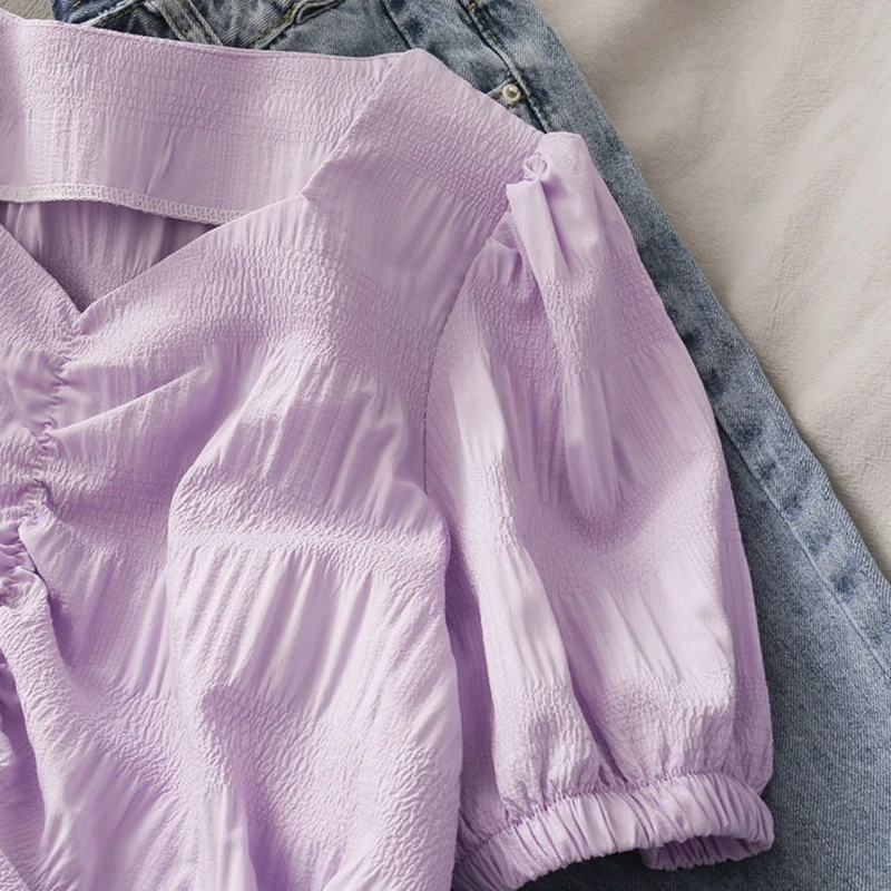 

Summer White Shirt Women Puff sleeve Sexy Crop Top Femme Tunics Chiffon Blouse Vintage Clothing 2021 Korean Fashion