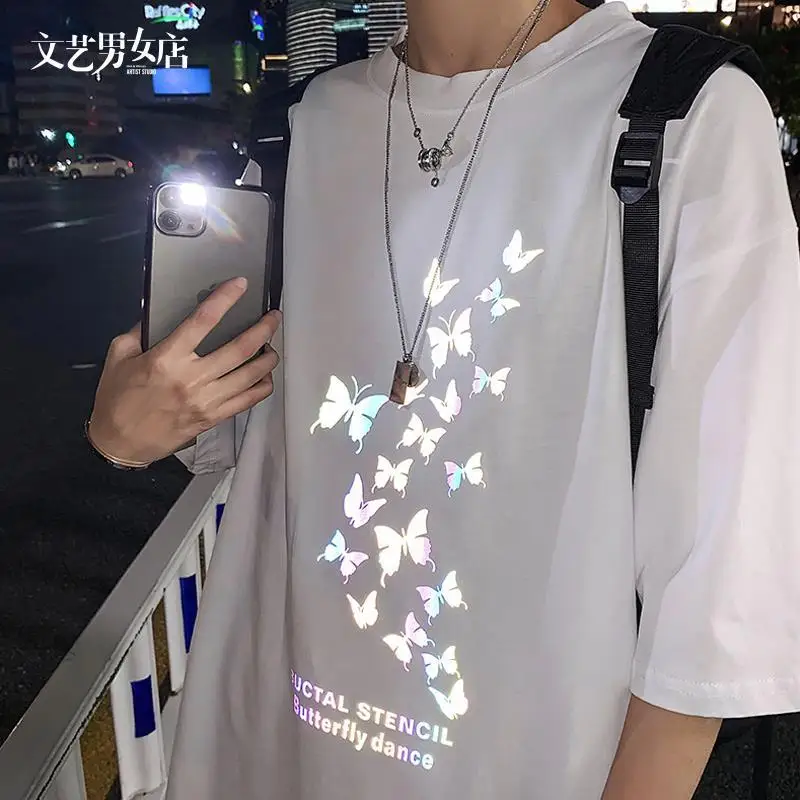 

Светоотражающая свободная футболка из 100% хлопка с принтом бабочки, Мужская корейская модная универсальная летняя одежда, мужская футболка
