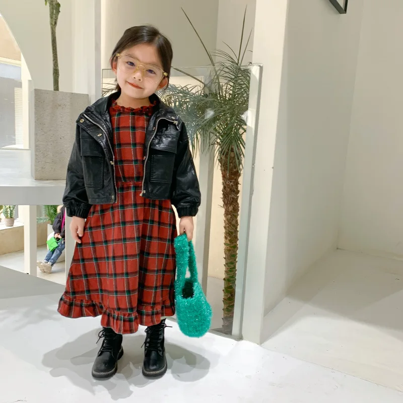 

Autumn New Arrival Korean style fashion all-match fur leather long sleeve jacket with pockets for cool cute baby girls