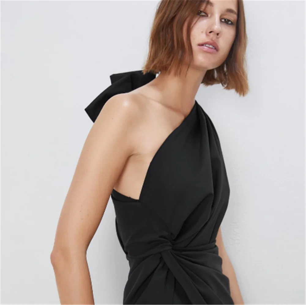 Женское мини платье с бантом ZA весеннее в стиле бохо асимметричным воротником и