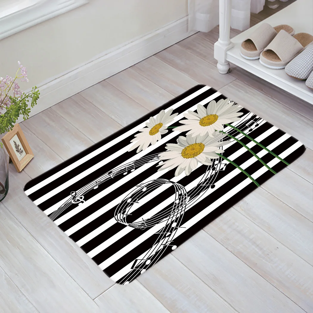 Черно-белый художественный коврик с хризантемами нескользящий мягкие коврики