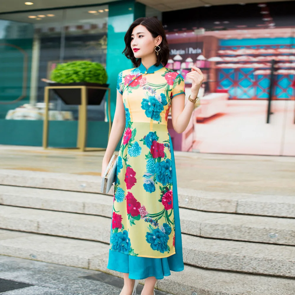 

National Style Retro Printing Female Daily Casual Cheongsam Dress Fashion Stand Collar Short Sleeve Loose Long Dress