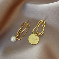 14k real gold asymmetric pearl dangle earrings for woman tassel chain stud earrings retro portrait light luxury fashion jewelry