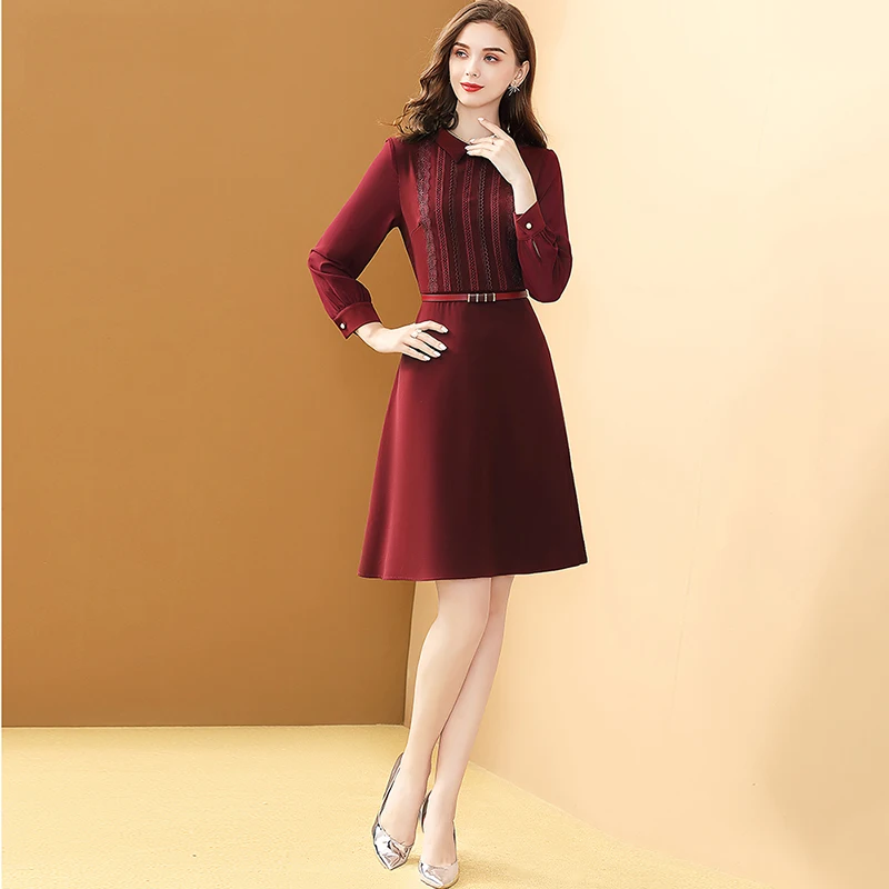 Женское вечерние жевное платье с поясом воротником-поло на осень/зиму | Женская