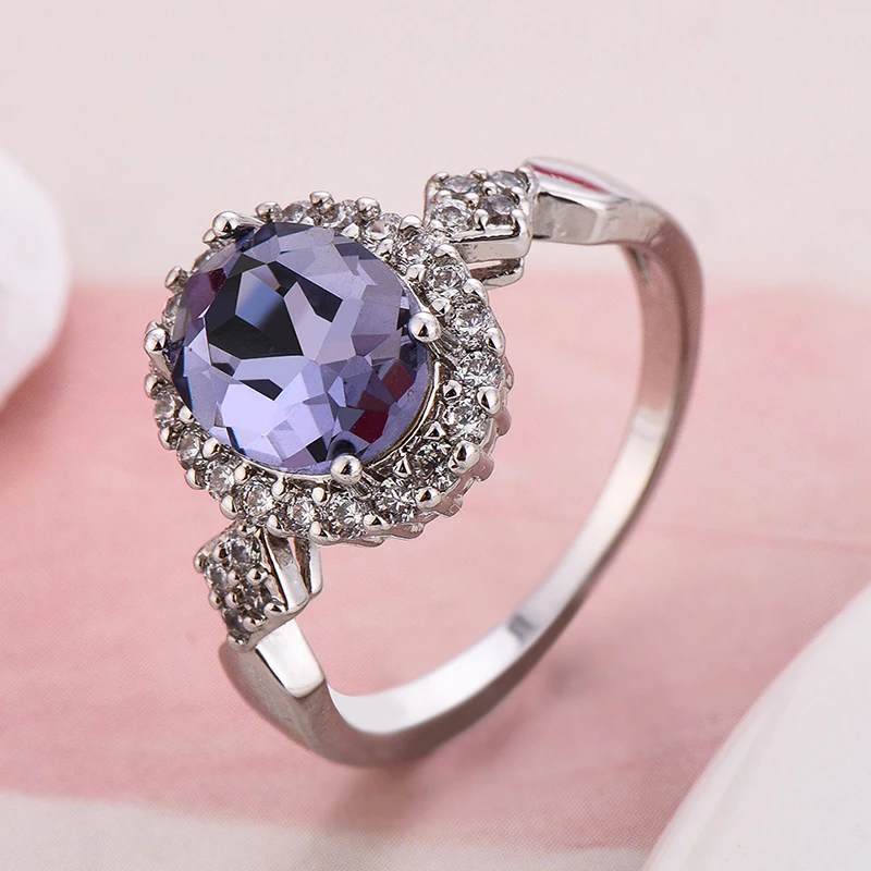 

UILZ Fashion Jewelry Silver Color Statement Ring Oval 6 Colors CZ Crystal Finger Rings for Women Wedding Party Bague Bijoux