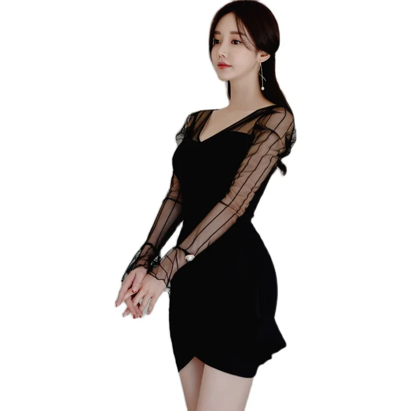 

Women's dress with you 2020 new Korean version of slim temperament V-neck stitching see-through mesh fashion ruffled hip dress