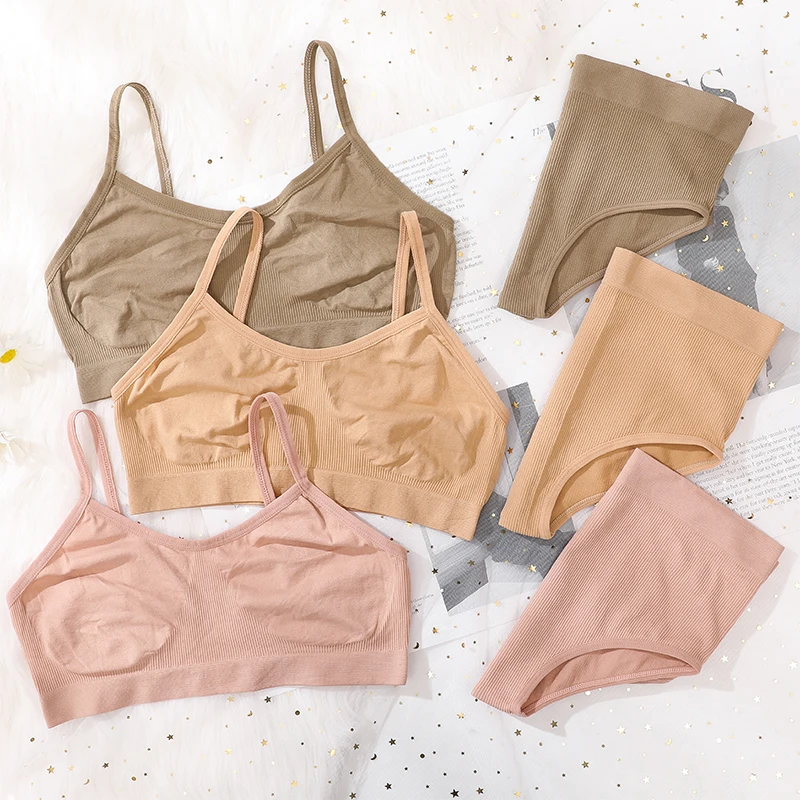 

Women Bra Briefs Set Unlined Bras Female Sexy Lingerie Backless Bralette High Waist Panties Fitness Ribbed Tops Underwear Set