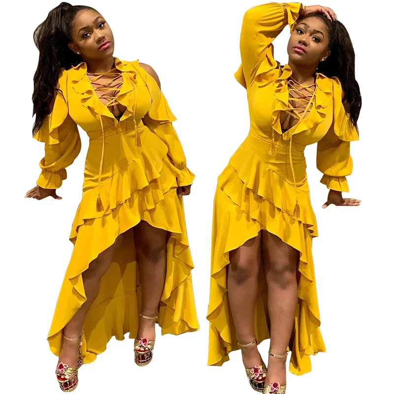 Каскадные оборки сексуальное асимметричное Бандажное платье женское кружевное