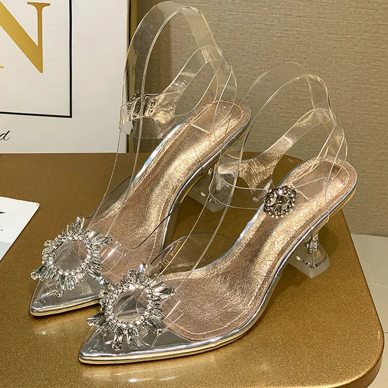Женские босоножки с кристаллами летние прозрачные туфли на высоком каблуке