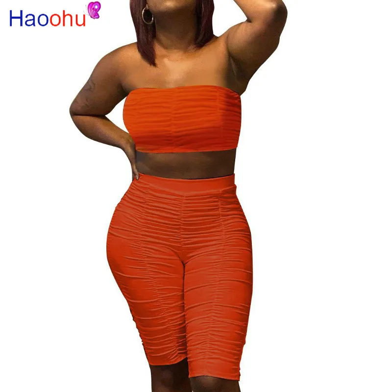 

HAOOHU Women Sport Solid Sexy Stacked two piece set Tracksuit Strapless Crop tops Knee Length jogger Suit Matching Set outfits