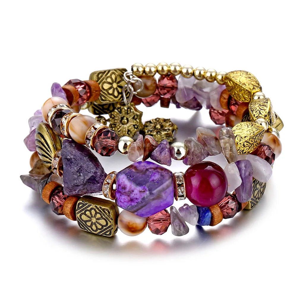 Женский многослойный браслет с бусинами и кристаллами в этническом стиле |