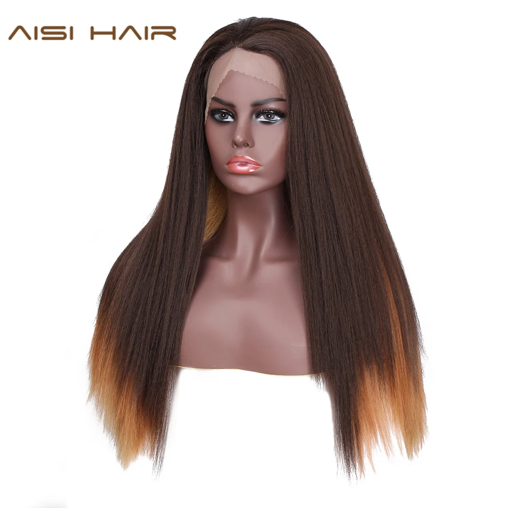 

AISI HAIR Synthetic Long Kinky Straight Lace Front Wig for Women Dark Brown Mixed Blonde Color Wig for Daily Party Use