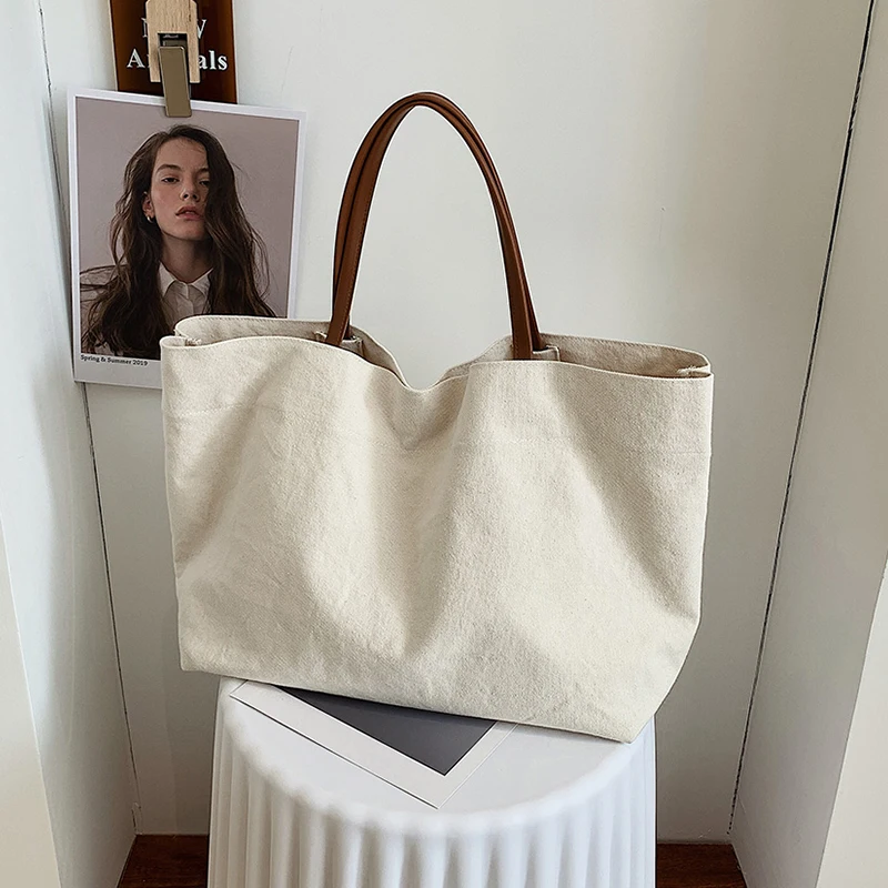 

White Women Bag Large Capacity Canvas Tote Shoulder Bag Cotton Cloth Reusable Shopping Bag For Women 2021 Casual Travel Handbags