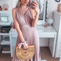 new female high waist v neck pleated dress sexy elegant strap a line dresses sleeveless solid casual summer dress 2021