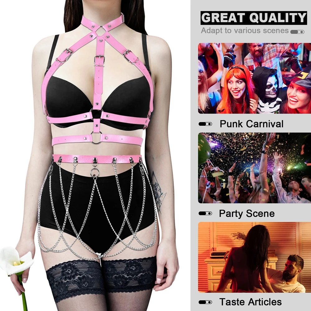 

Erotic Harness Fashion Cosplay Leather Body Bondage Gothic Stockings Belt Goth Sexy Lingerie Harness Bra Set Dance Rave Wear