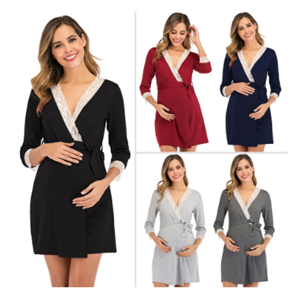 

Pregnant Women Nursing Nightwear Pajama Maternity Robe Nightgown Lace Trim Half Sleeve Sleepwear Ropa Mujer Embarazada Premama