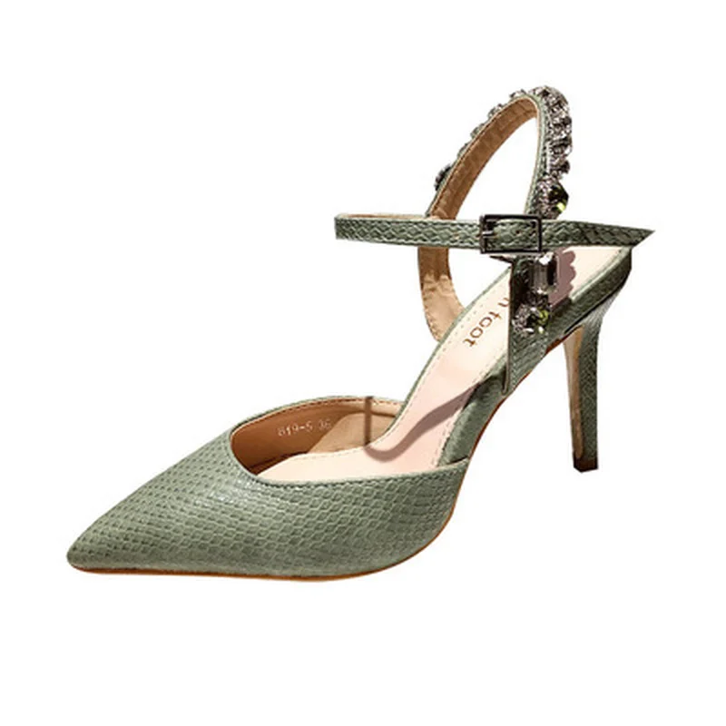 

Summer New Fashion High Heels Sandals Party Buckle Strap Solid Shallow Bling Thin Heels Pointed Toe 9cm High Heels Shallow