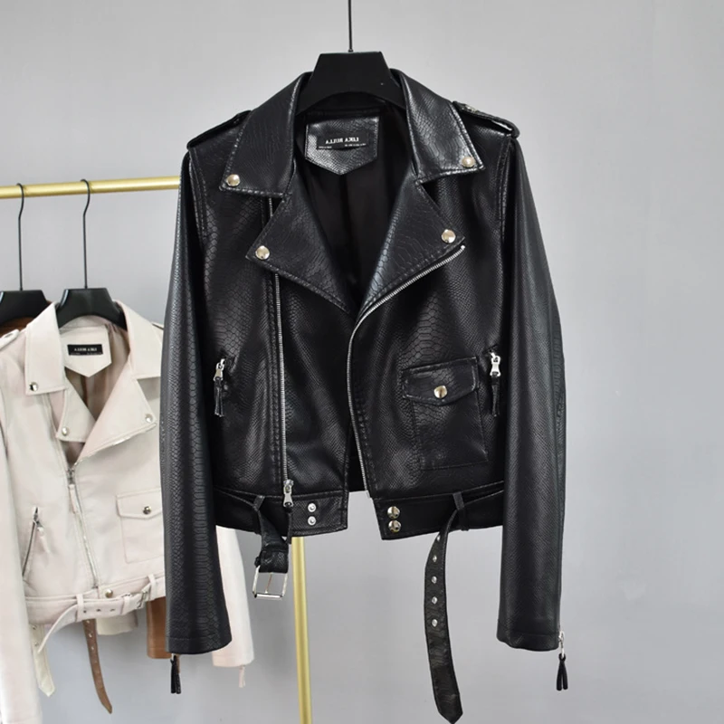

FMFSSOM 2021 Faux Leather Snake Print Jackets Women Spring Rivet Zipper Belt Overcoat Slim Motorcycle Full Coat