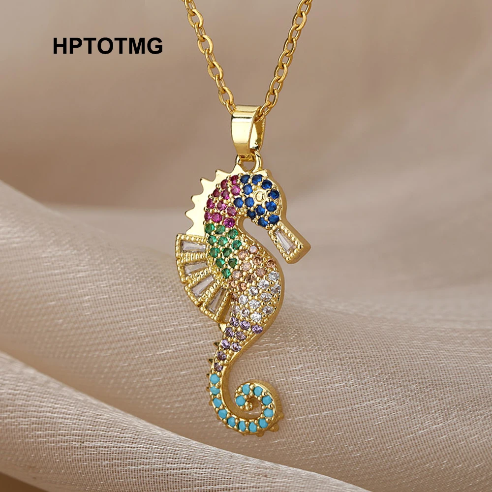 

Colorful CZ Pave Zircon Seahorse Necklace for Women Teens Goth Cute Animal Pendant Choker Chain Necklace Jewelry Christmas Gifts