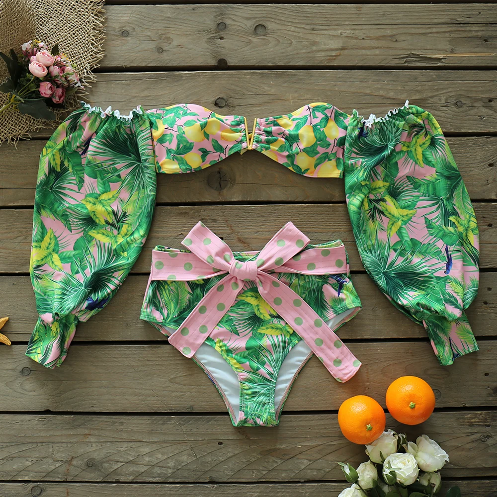 

2021 New Sexy High Waist Bikini Set Belt Bottom Swimwear Women Long Sleeve Bather Suit Beachwear Printed Biquini female