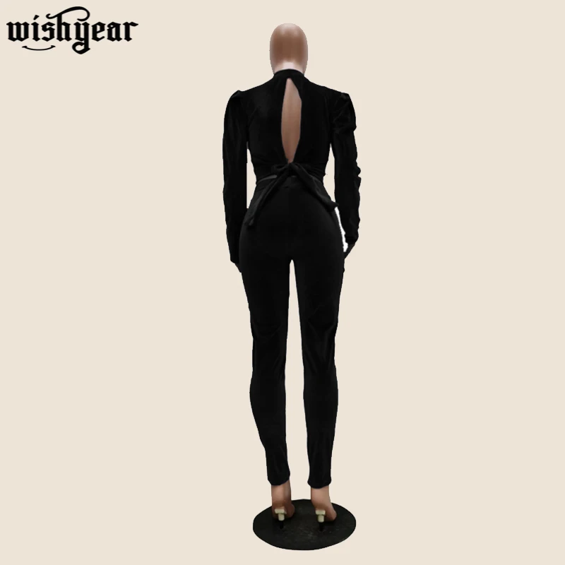 

Fashion Velet Two Piece Set Women Mock Neck Puff Sleeve Backless Crop Top +Pencil Pants Femme Tracksuit Plus Size S-XXL