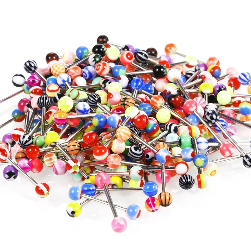 

10Pcs/lot Stainless Steel Tongue Piercing Ring Barbell Lote Colorful Acrylic Ear Cartilage Tragus Bar Pircing Lengua Rings Set