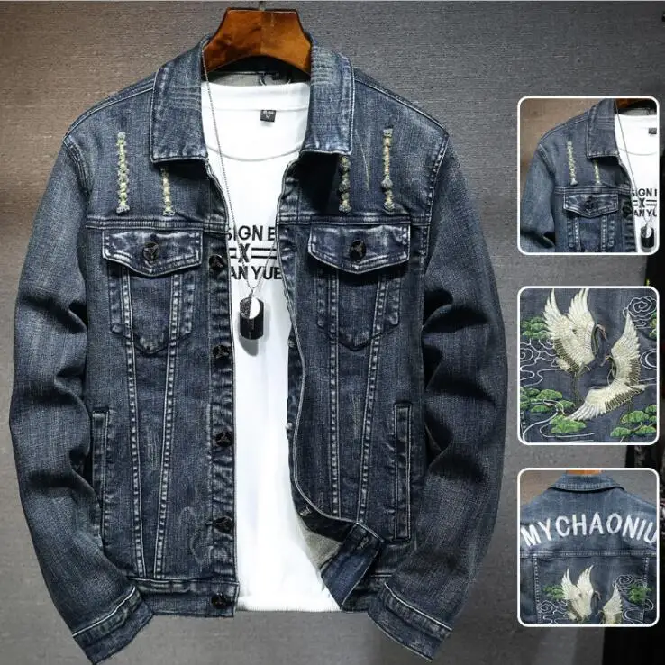 Autumn men's denim jacket embroidered blue fashion new products slim stretch crane lapel Collar coats long sleeve