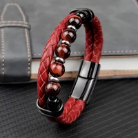 new red natural round chakra bead stone mens bracelet classic red genuine leather stainless steel bangles women fashion jewelry