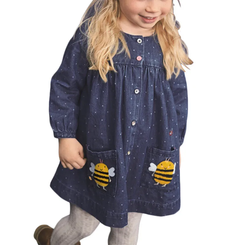 

Little Maven Frocks for Girl Autumn Toddler Clothes Denim Cotton Unicorn Rainbow Sunny Applique Button Dress for Kids 2-7 Years