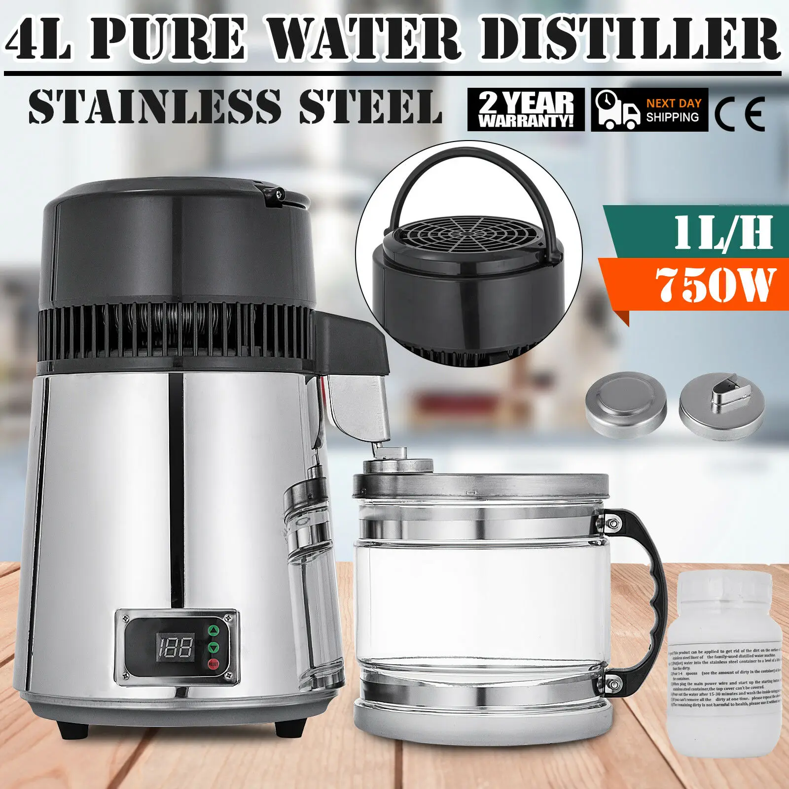 4L 750W Water Distiller Temperature Controlled Stainless Steel With Food-Grade Outlet Glass Container | Дом и сад