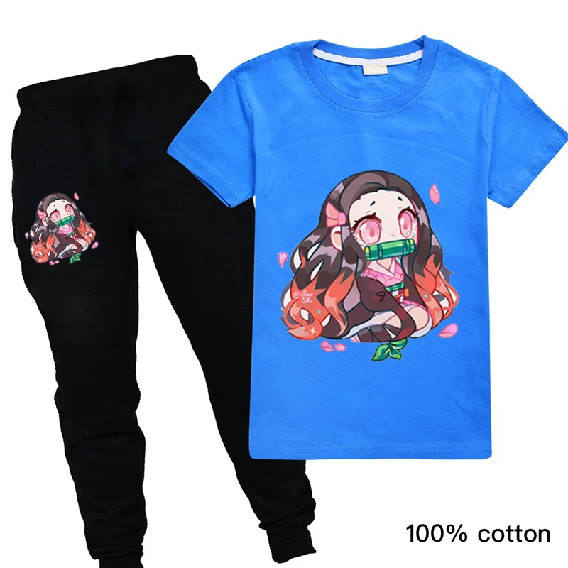 

Kawaii Kimetsu No Yaiba T Shirt+Pants 2PCS Kids Baby Boy Clothes Japanese Anime Cartoon Demon Slayer Children Halloween Clothing