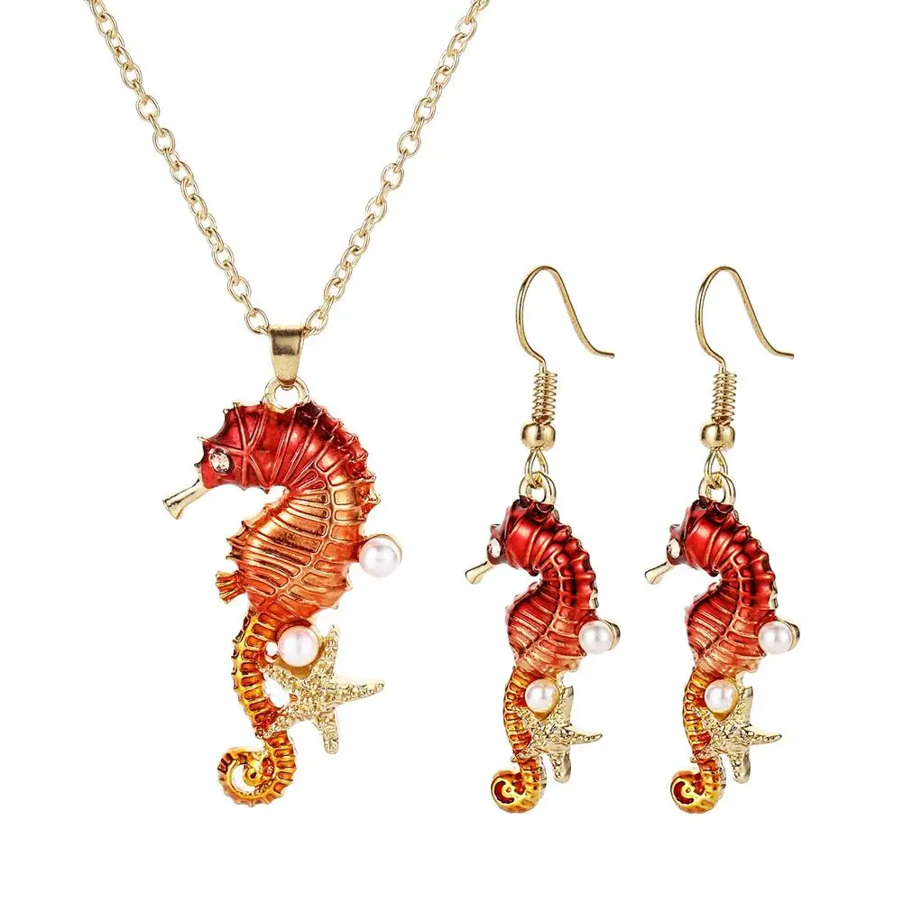 Cute Seahorse simulated Pearl enamel Pendant Necklace Earrings set for Women fashion Jewelry Sets | Украшения и аксессуары
