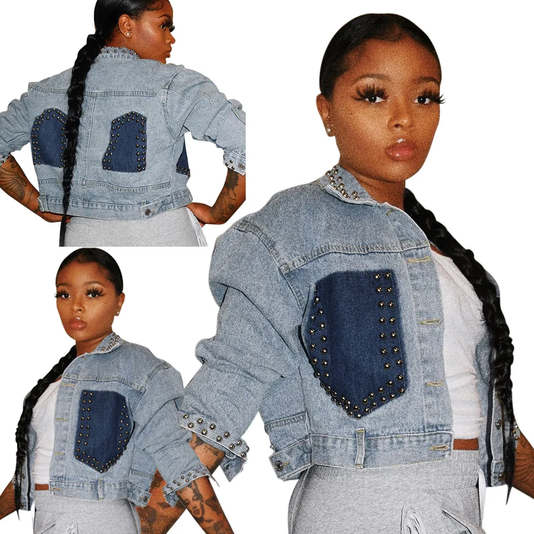 

S-XXL Women's Studded Denim Short Jacket Personality