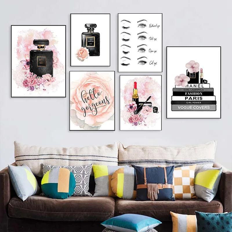 

Pink Flowers Perfume Art Poster High Heels Canvas Painting Painted Mural Fashion Poster Art Wall Picture Living Room Decoration