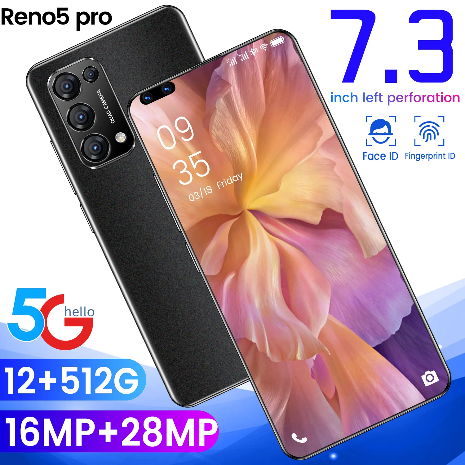 

Newest 5G Reno5 Pro 12G 512G Global Version 7.3" 5000mAh Smartphone 48MP Camera Dual SIM Card Mobile Phone Google GPS WiFi