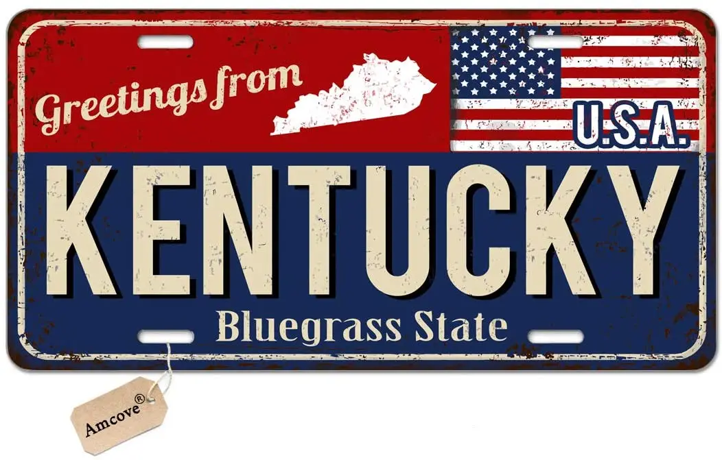 

Amcove License Plate Greetings from Kentucky Vintage Rusty Metal Sign with American Flag Antique Auto Tag