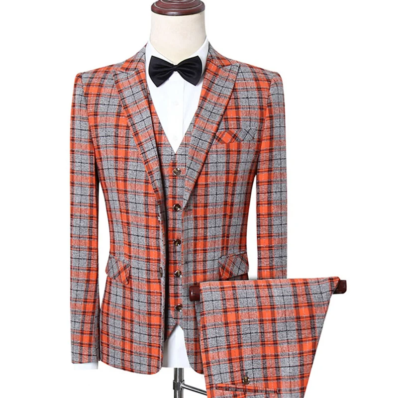 5XL Plaid Mens Suits Wedding Groom Slim Fit Business Suit For Men Stylish Men's Office Elegant Three Piece Prom Wear Q863 | Мужская