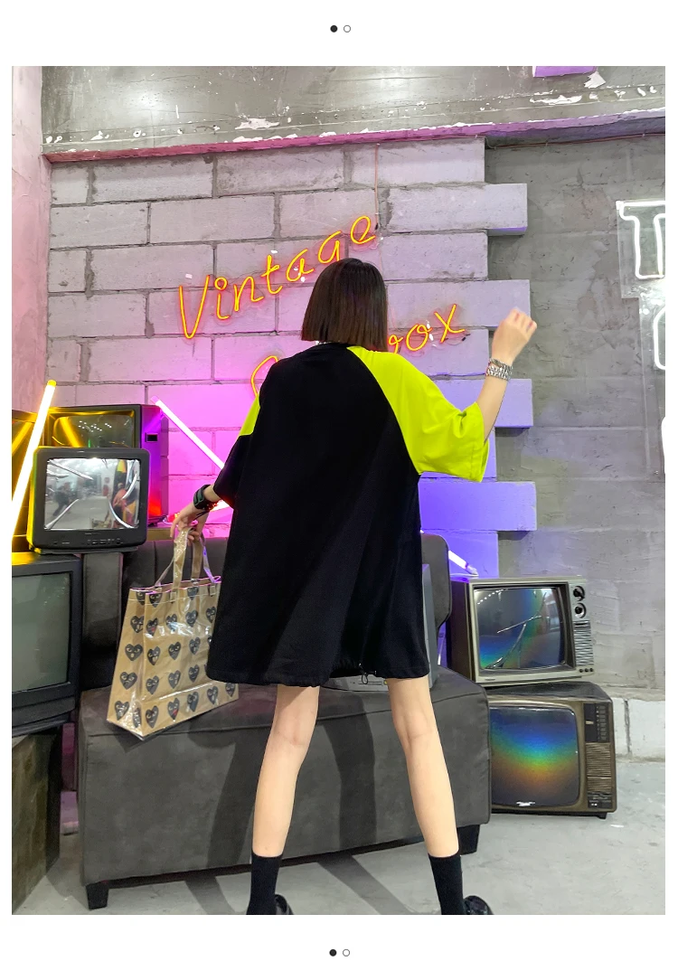 

Vefadisa Black Summer Contrast Women Dress 2021 Personality Big Pocket T-shirt Dress Patchwork Short Sleeve Dress Loose QYF5412